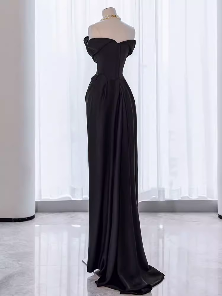 Modest Mermaid Off The Shoulder Black Satin Long Prom Dresses