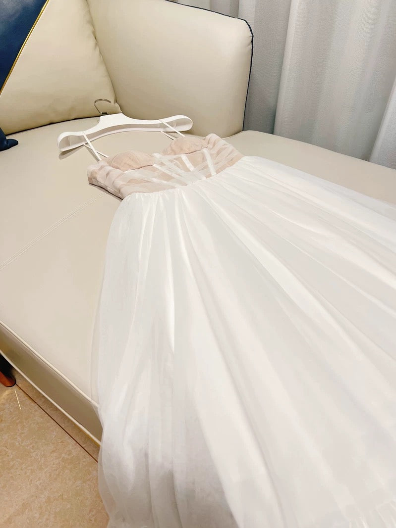 Simple A Line Spaghetti Straps White Tulle Prom Dress Evening Dresses
