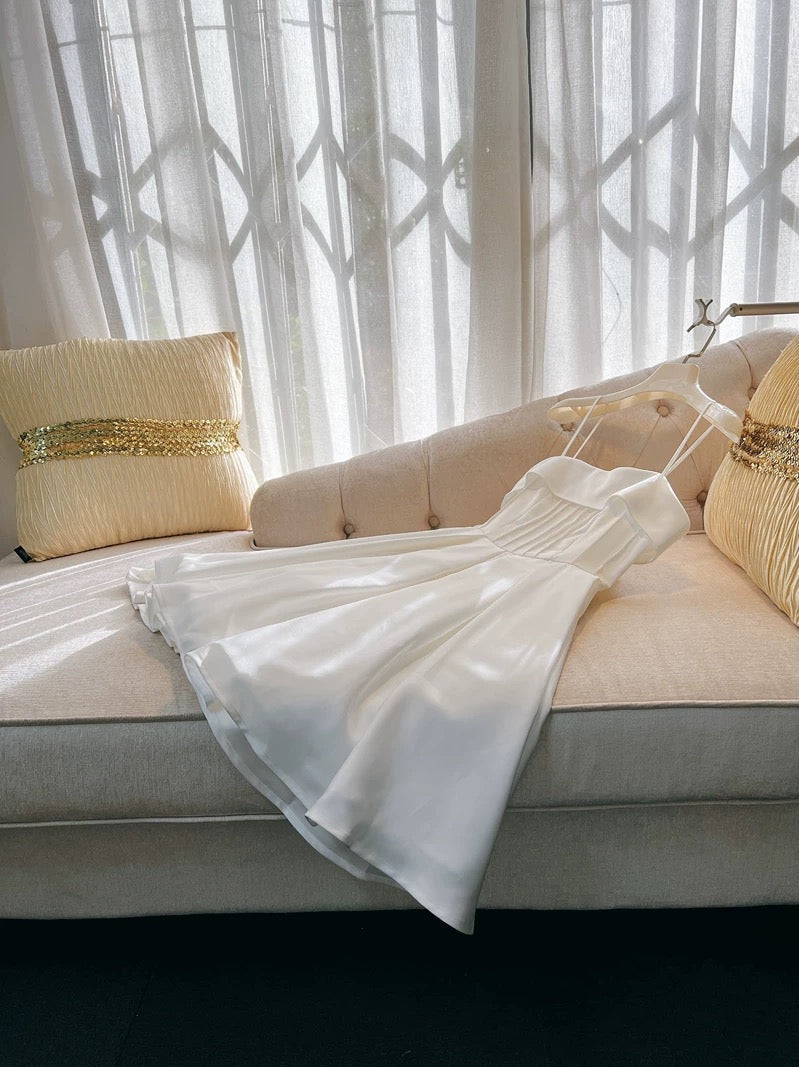 Modest A Line Spaghetti Straps White Short Satin Homecoming Dresses Party Dress