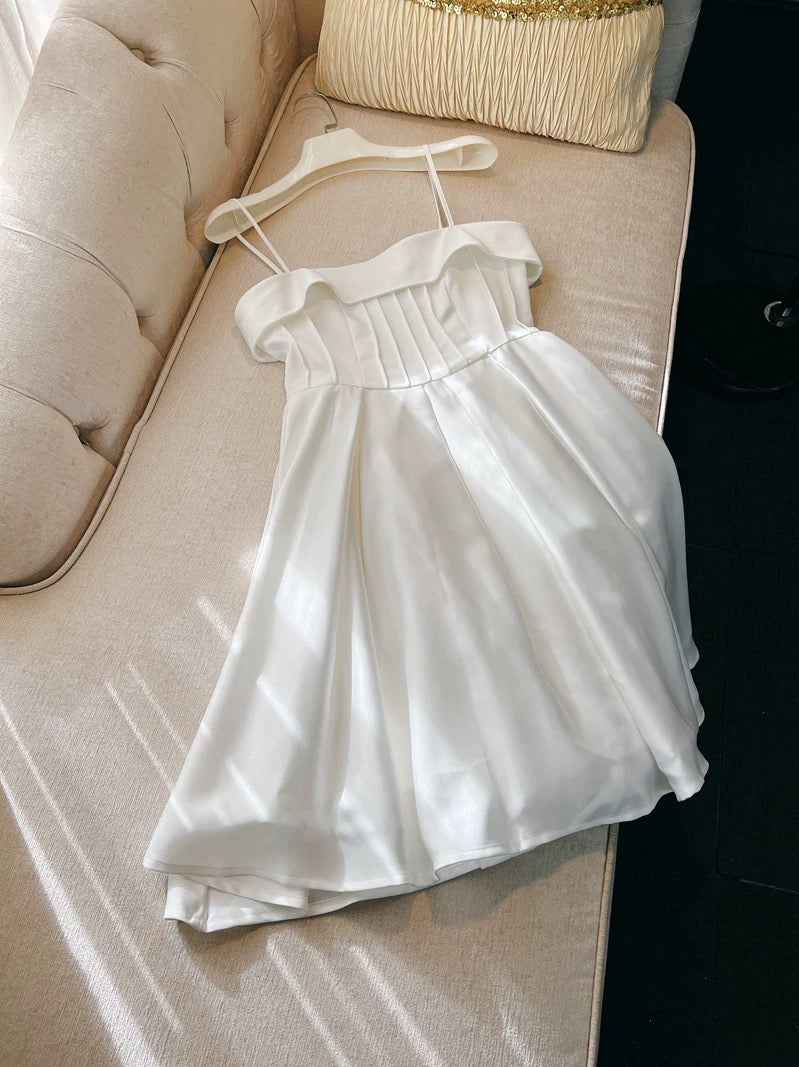 Modest A Line Spaghetti Straps White Short Satin Homecoming Dresses Party Dress