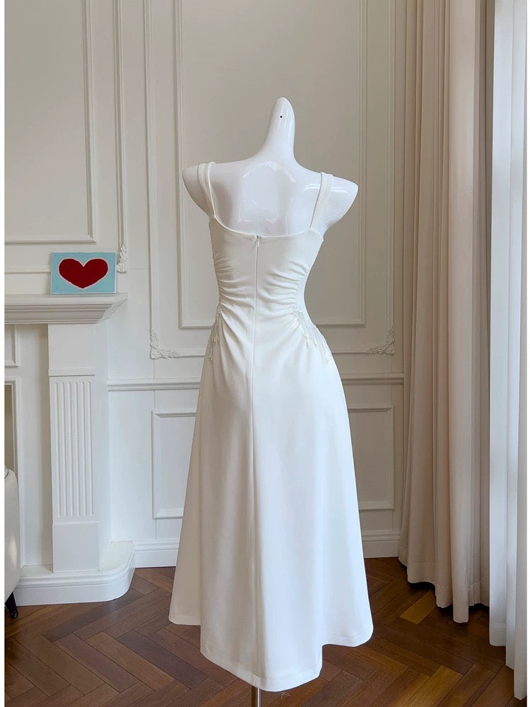 Simple A Line Straps White Satin Ankle Length Prom Dress Evening Dresses