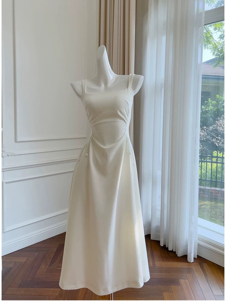 Simple A Line Straps White Satin Ankle Length Prom Dress Evening Dresses