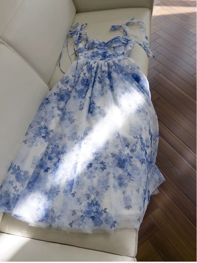 Pretty A Line Spaghetti Straps Long Blue Floral Prom Dress Evening Dresses