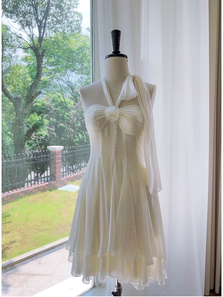 Modest A Line Halter Chiffon Ivory Short Homecoming Dresses Birthday Outfits
