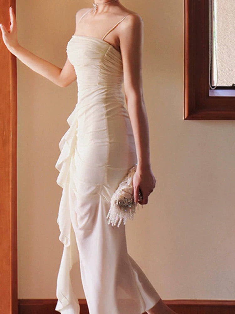Pretty Sheath Spaghetti Straps Long Chiffon Ivory Prom Dress Evening Dresses