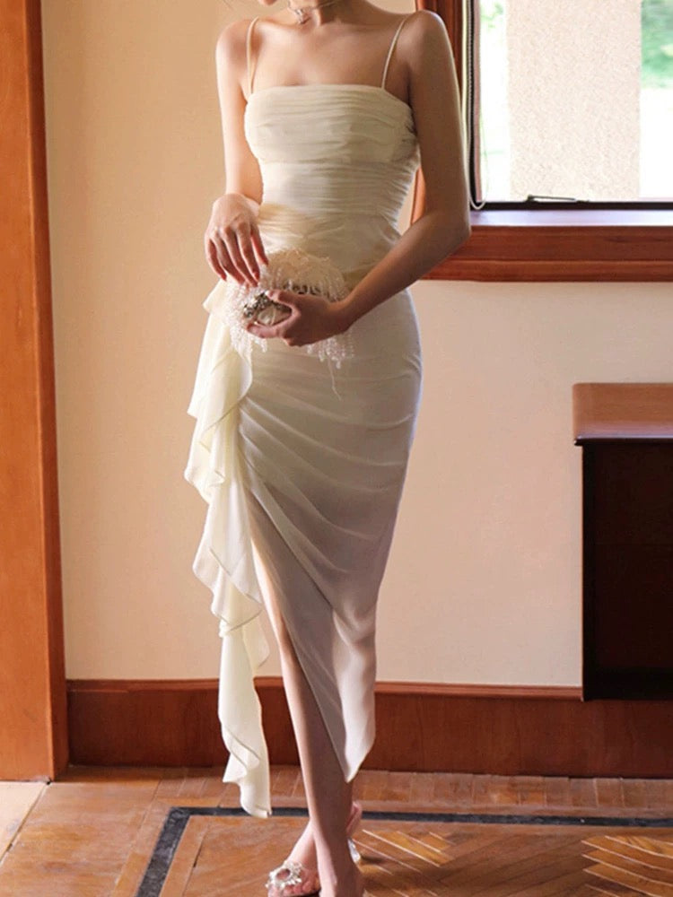 Pretty Sheath Spaghetti Straps Long Chiffon Ivory Prom Dress Evening Dresses