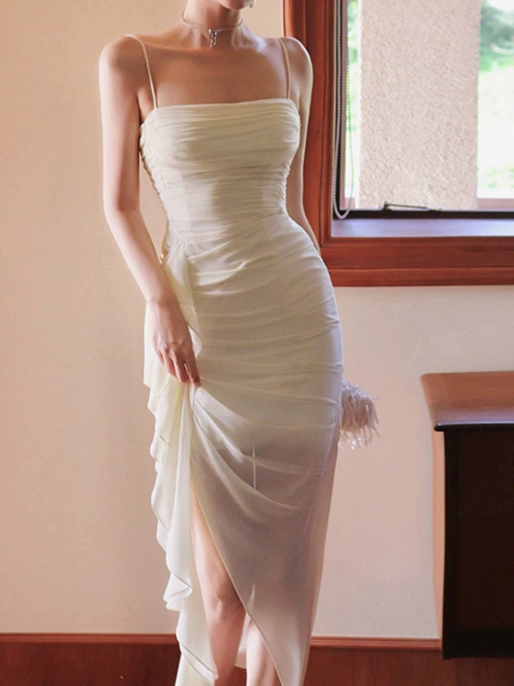 Pretty Sheath Spaghetti Straps Long Chiffon Ivory Prom Dress Evening Dresses