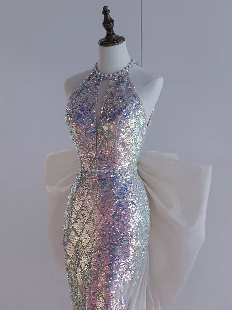 Modest Mermaid Scoop Sequin Long Prom Dresses