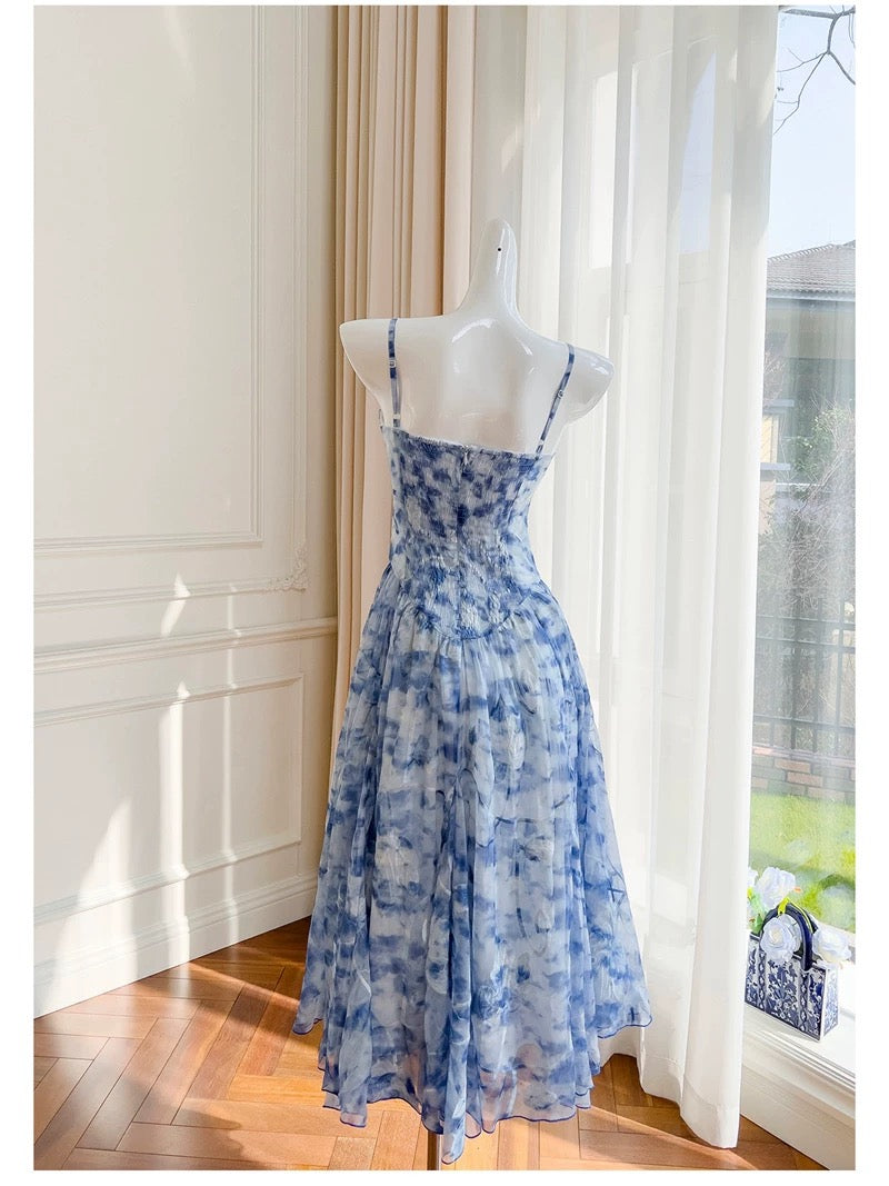Pretty A Line Spaghetti Straps Chiffon Floral Blue Prom Dress Evening Dresses