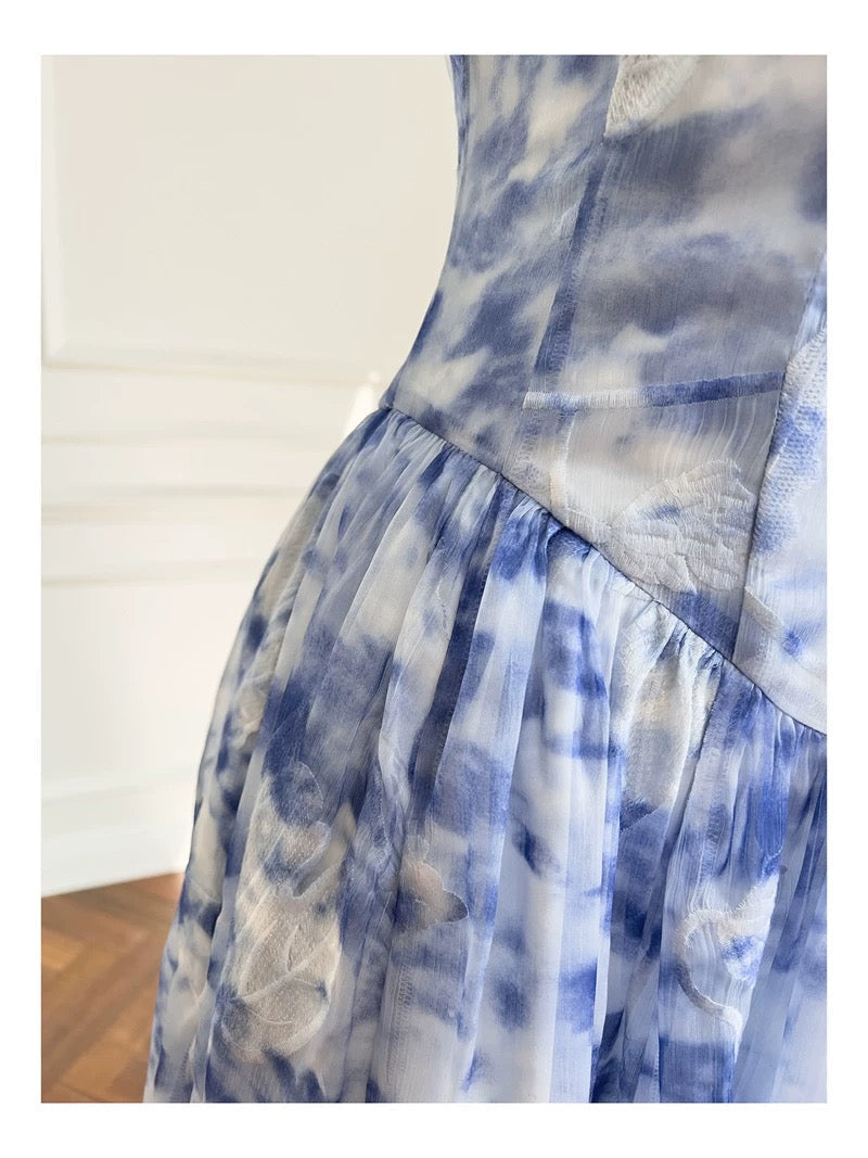 Pretty A Line Spaghetti Straps Chiffon Floral Blue Prom Dress Evening Dresses