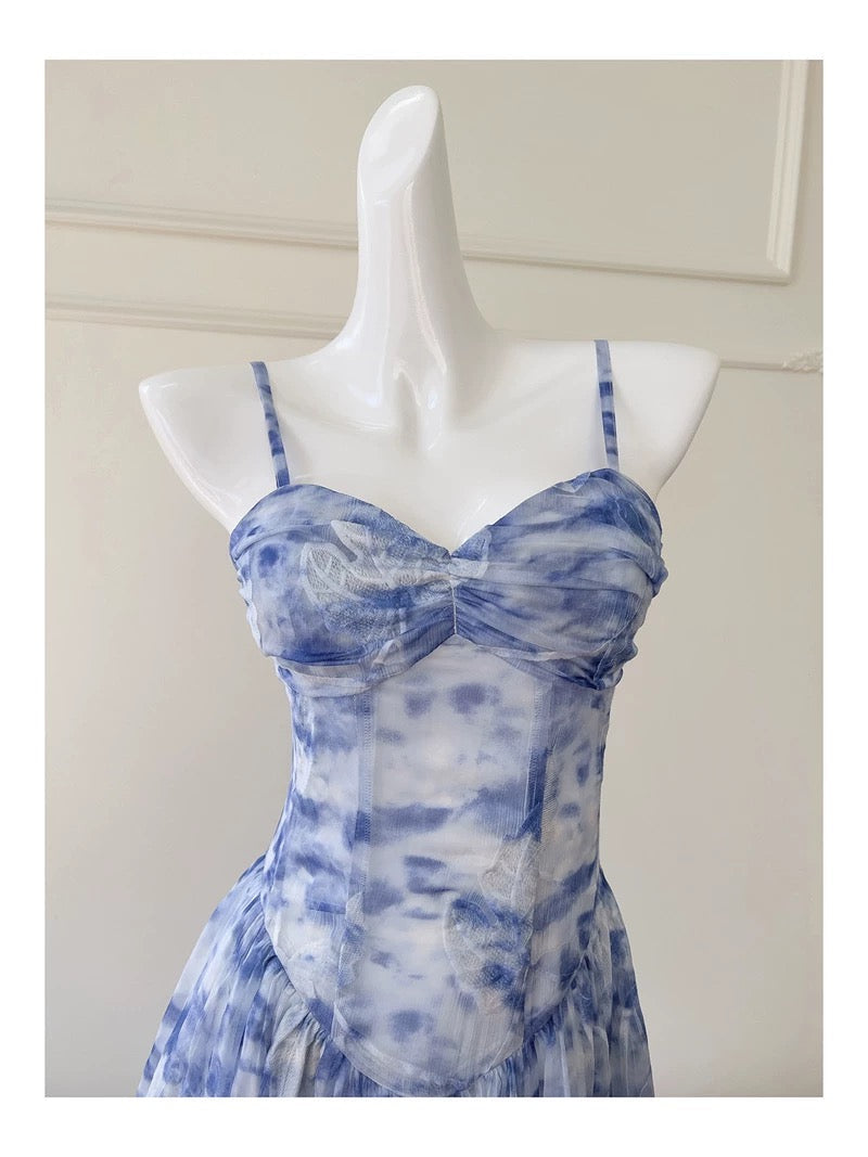 Pretty A Line Spaghetti Straps Chiffon Floral Blue Prom Dress Evening Dresses