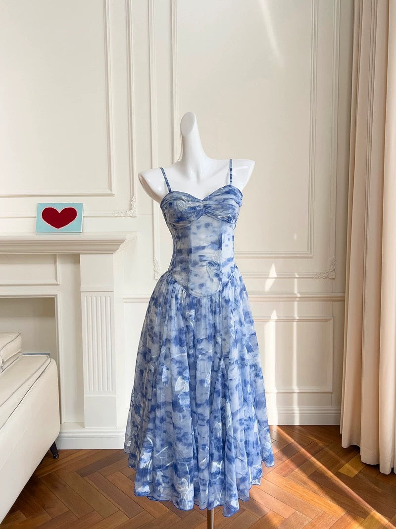 Pretty A Line Spaghetti Straps Chiffon Floral Blue Prom Dress Evening Dresses