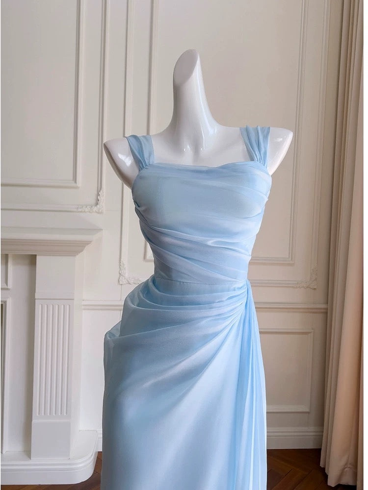 Pretty Sheath Straps Chiffon Light Sky Blue Prom Dress Evening Dresses