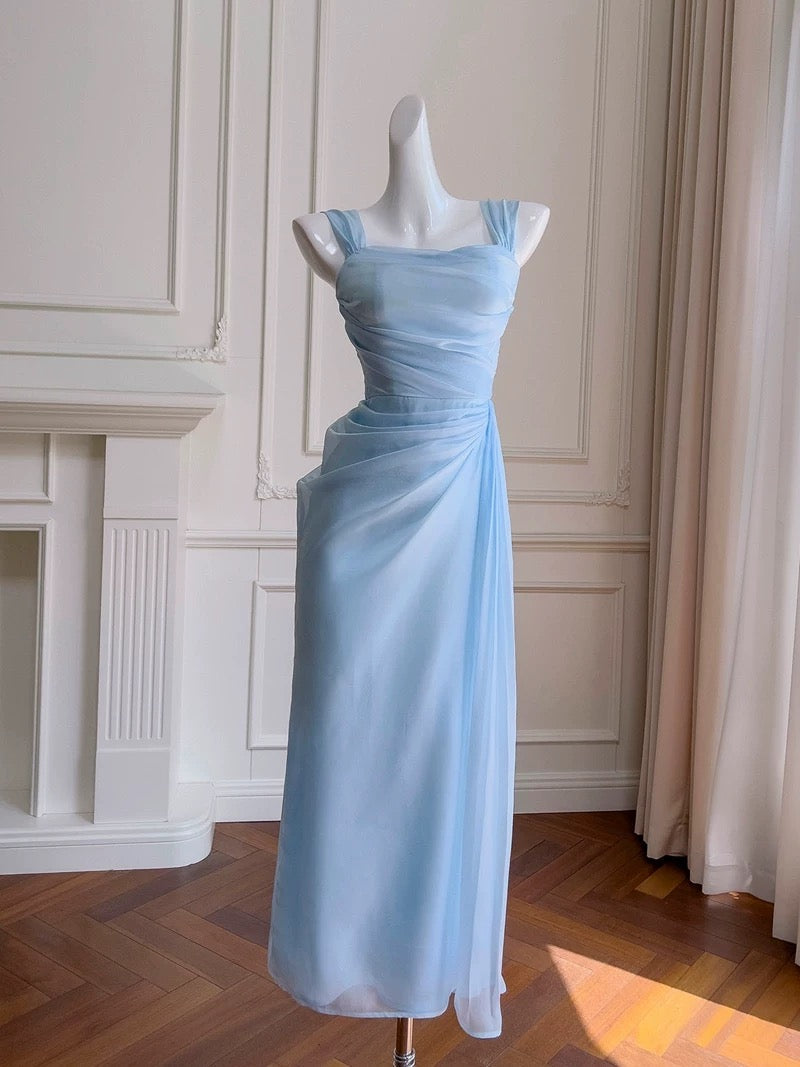 Pretty Sheath Straps Chiffon Light Sky Blue Prom Dress Evening Dresses
