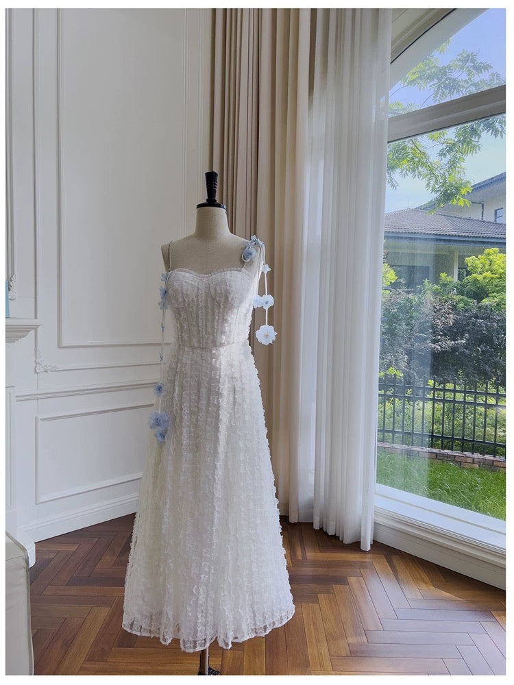 Pretty A Line Straps White Lace Prom Dress With Flowers Prom Dresses