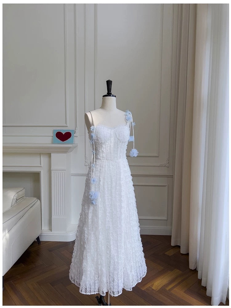 Pretty A Line Straps White Lace Prom Dress With Flowers Prom Dresses