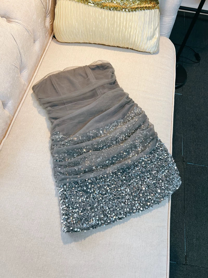 Modest Sheath Strapless Gray Sequin Short Homecoming Dresses Birthday Outfits