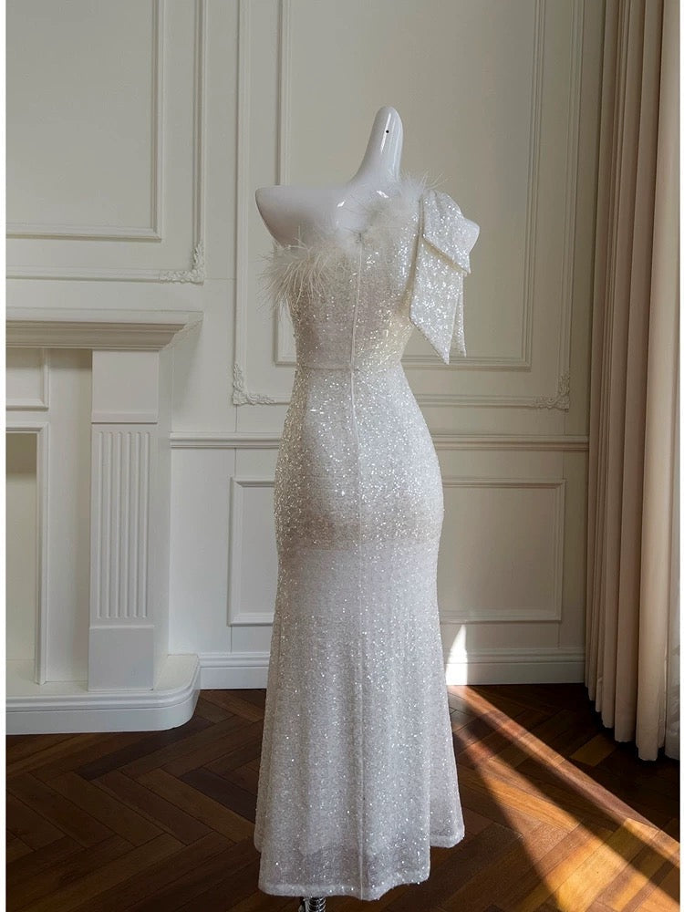 Pretty Sheath One Shoulder Sequin Slit Prom Dress White Formal Dresses