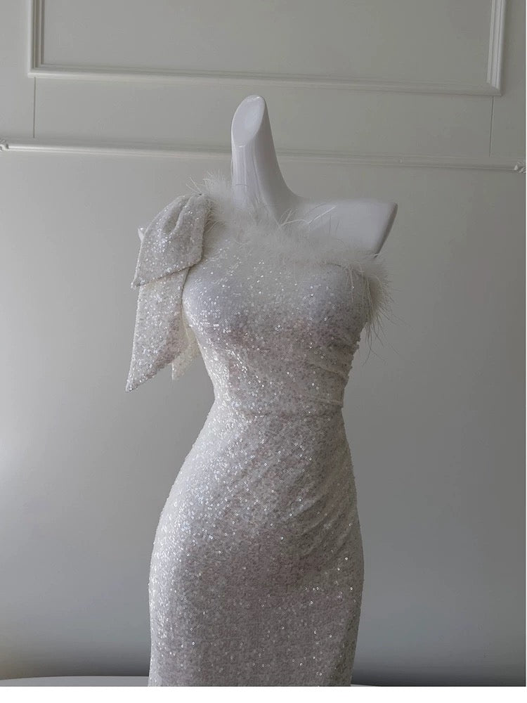 Pretty Sheath One Shoulder Sequin Slit Prom Dress White Formal Dresses