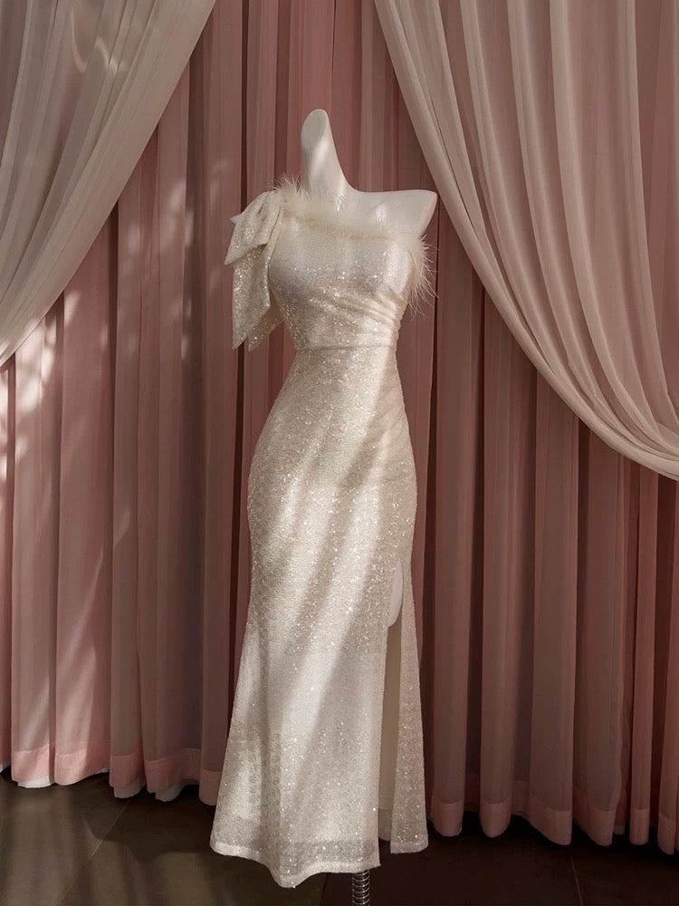 Pretty Sheath One Shoulder Sequin Slit Prom Dress White Formal Dresses