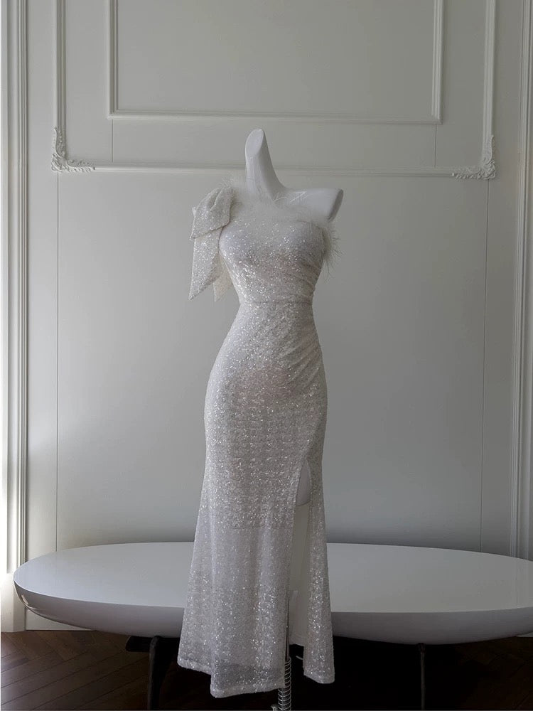 Pretty Sheath One Shoulder Sequin Slit Prom Dress White Formal Dresses
