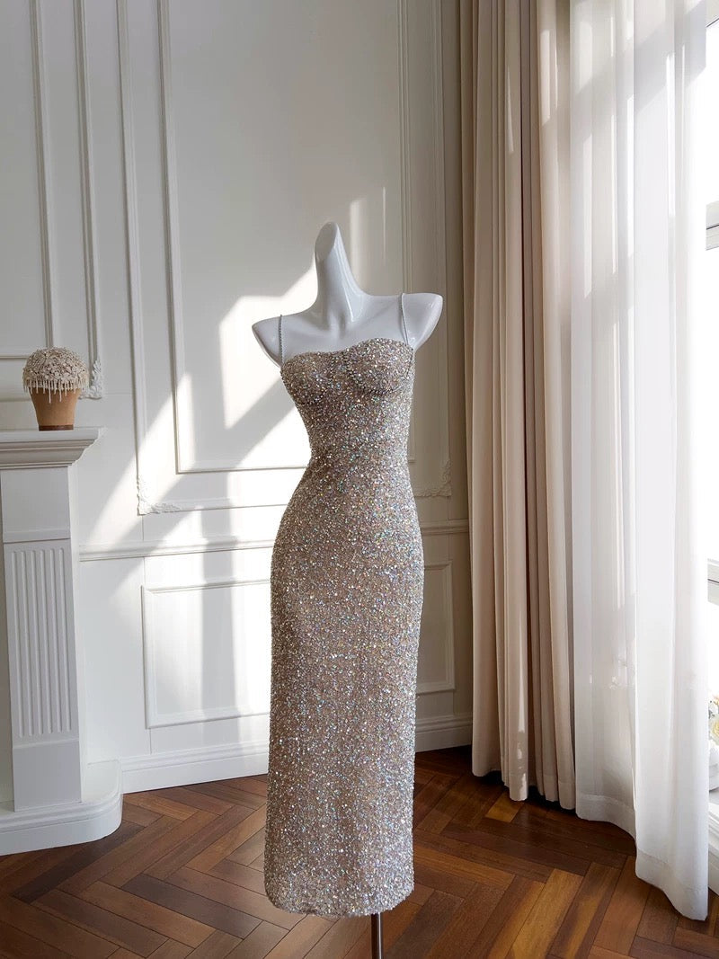 Pretty Sheath Spaghetti Straps Champagne Sequin Prom Dress Formal Dresses