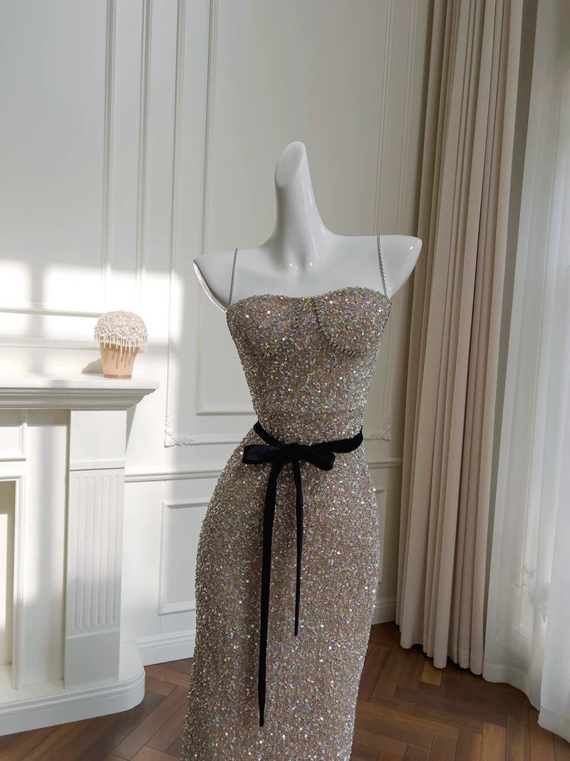Pretty Sheath Spaghetti Straps Champagne Sequin Prom Dress Formal Dresses