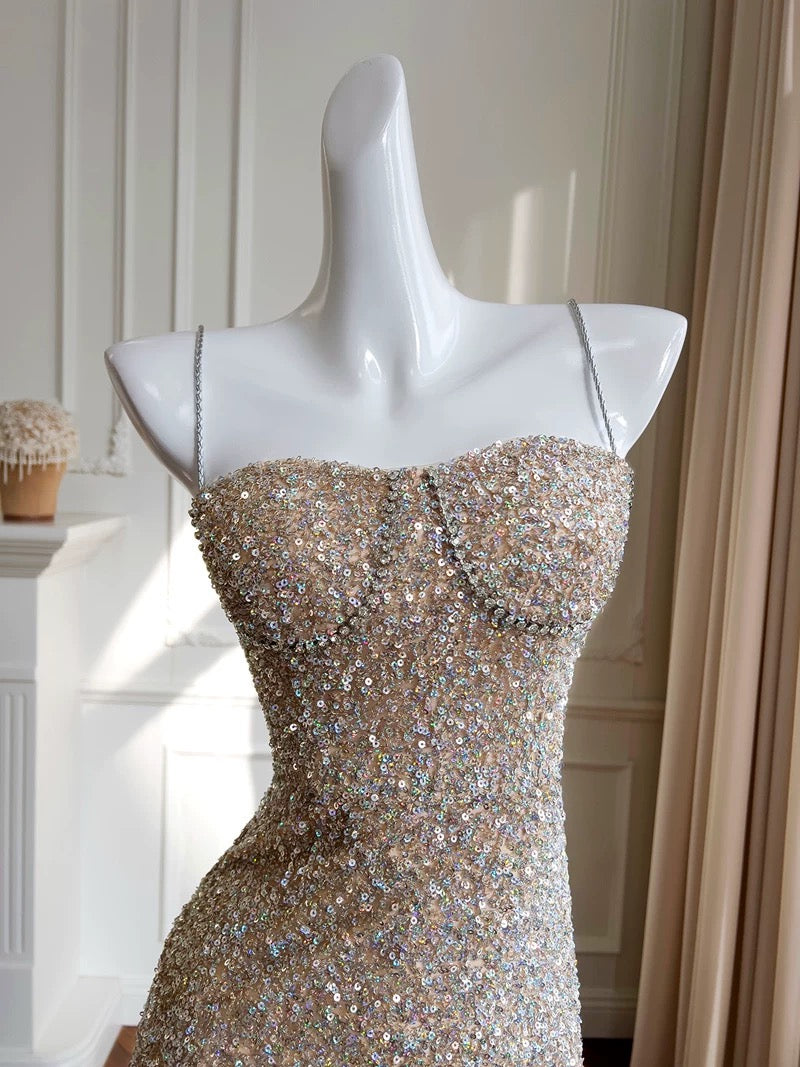 Pretty Sheath Spaghetti Straps Champagne Sequin Prom Dress Formal Dresses