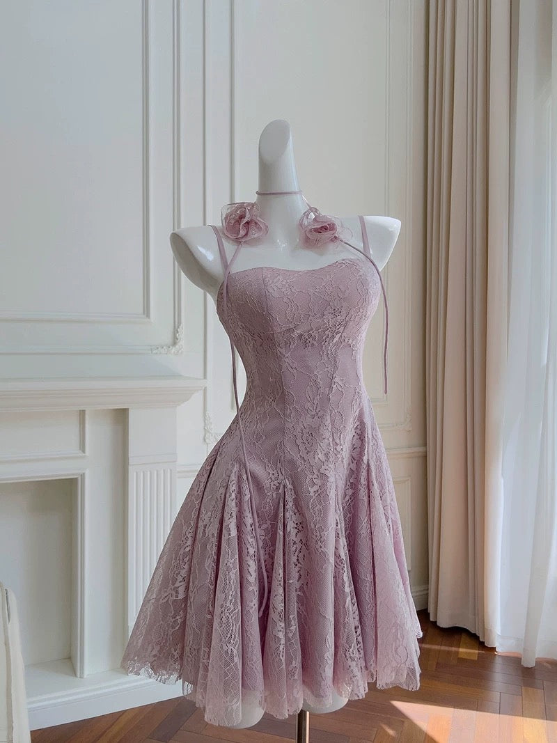 Modest A line Spaghetti Straps Lace Lilac Short Homecoming Dresses Birthday Outfits