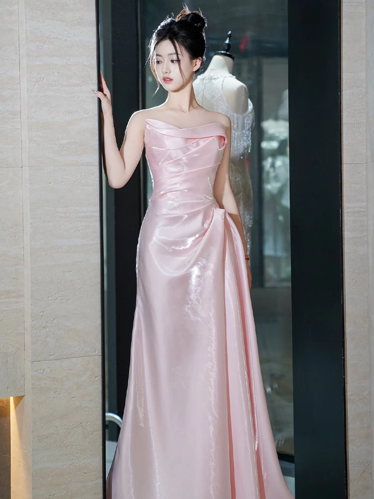 Modest Mermaid Strapless Shiny Satin Pink Long Prom Dresses