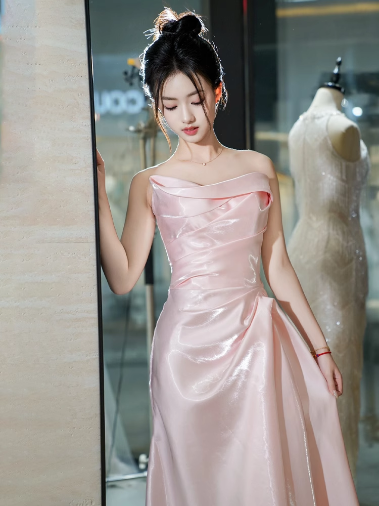 Modest Mermaid Strapless Shiny Satin Pink Long Prom Dresses