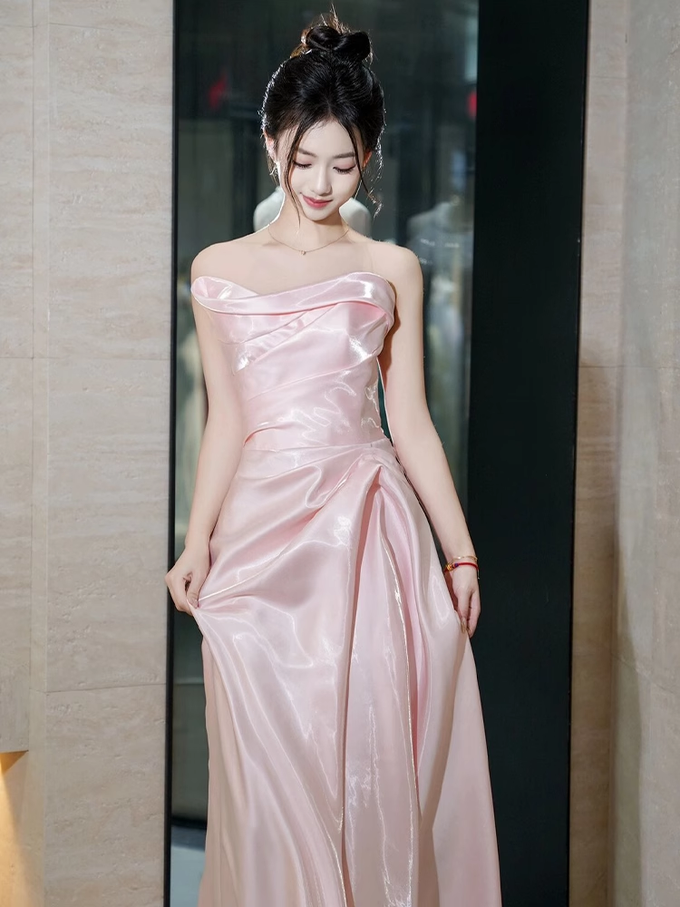 Modest Mermaid Strapless Shiny Satin Pink Long Prom Dresses