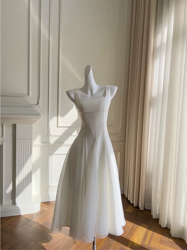 Simple A line Straps White Chiffon Ankle Length Prom Dress Formal Dresses