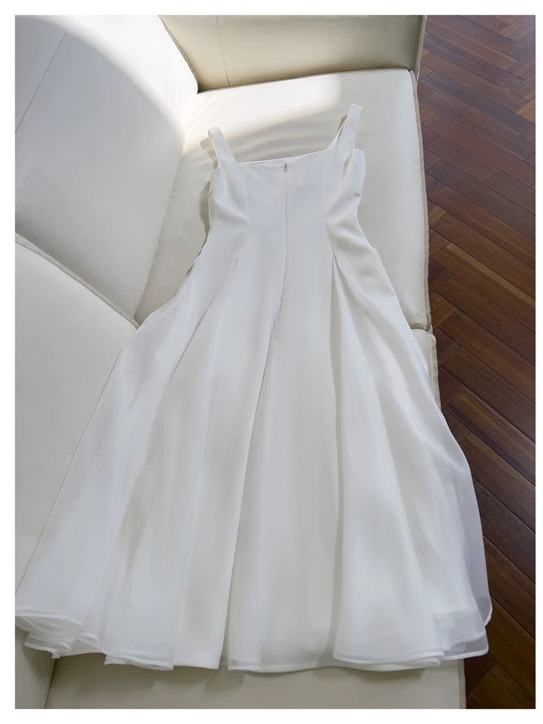 Simple A line Straps White Chiffon Ankle Length Prom Dress Formal Dresses