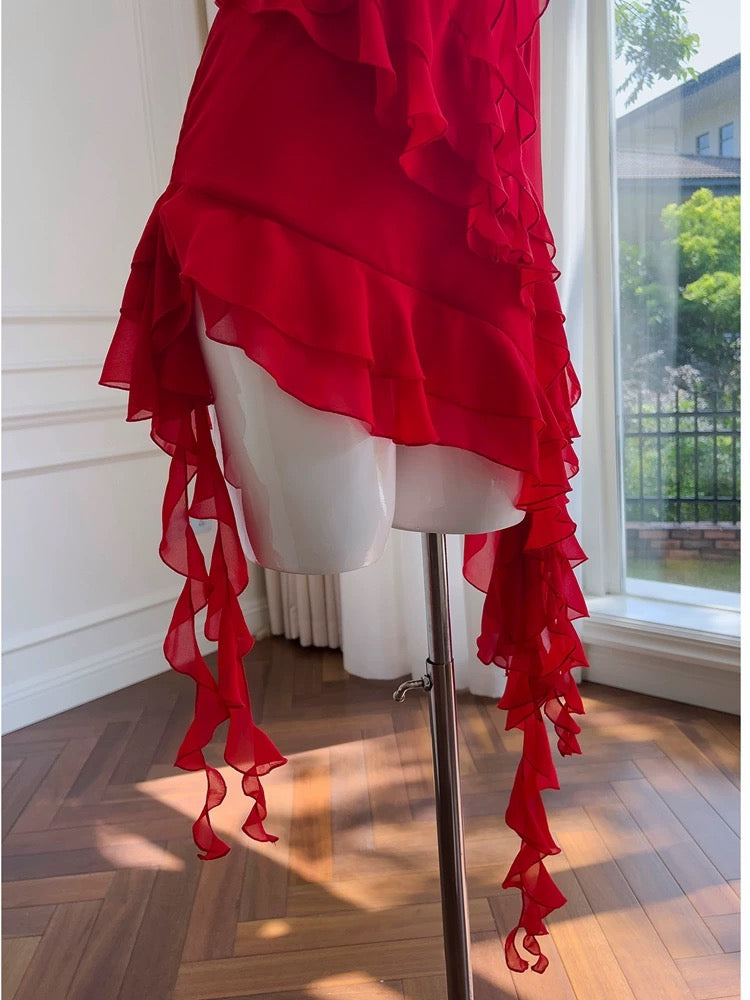 Modest Sheath Spaghetti Straps Red Chiffon Ruffled Short Homecoming Dresses Birthday Outfits