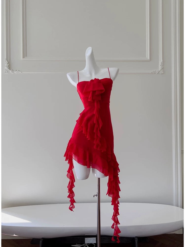 Modest Sheath Spaghetti Straps Red Chiffon Ruffled Short Homecoming Dresses Birthday Outfits