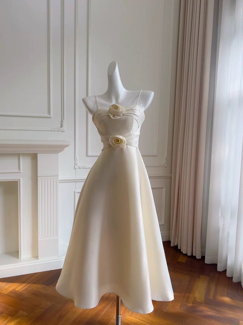Modest A line Spaghetti Straps White Satin Ankle Length Prom Dress Formal Dresses