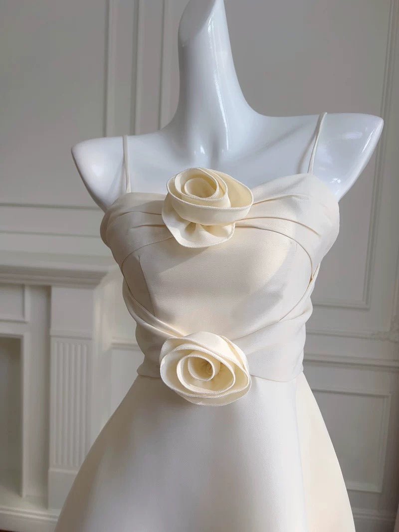 Modest A line Spaghetti Straps White Satin Ankle Length Prom Dress Formal Dresses