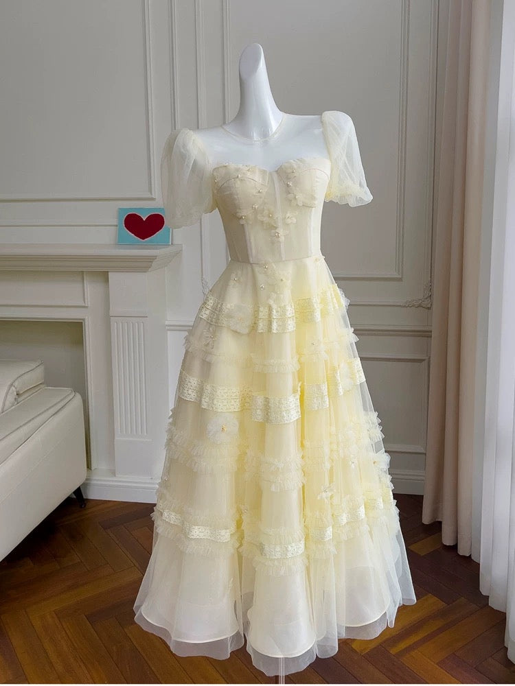 Modest A Line Scoop Neckline Yellow Lace Homecoming Dresses Birthday Outfits With Beads