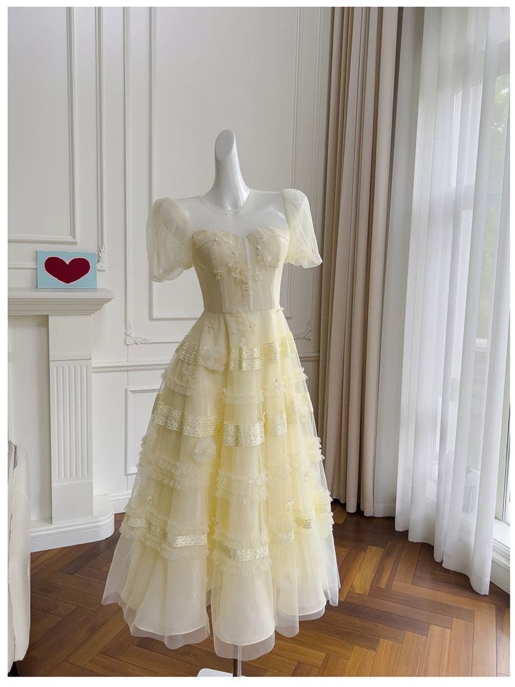 Modest A Line Scoop Neckline Yellow Lace Homecoming Dresses Birthday Outfits With Beads