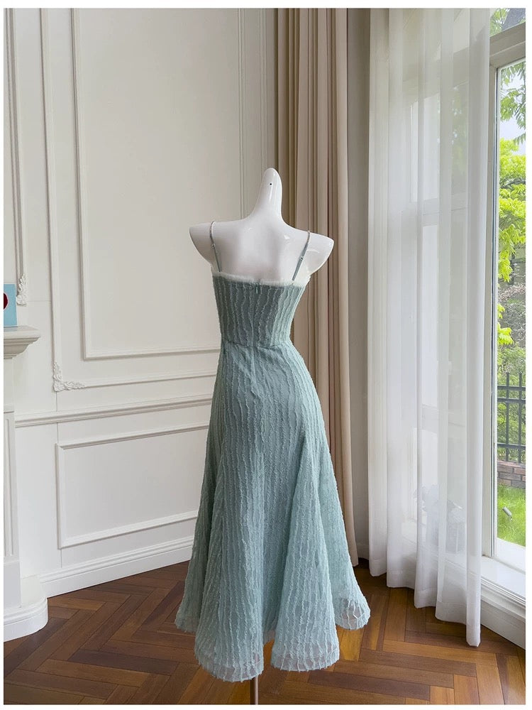 Modest A line Spaghetti Straps Light Sky Blue Lace Ankle Length Prom Dress Formal Dresses