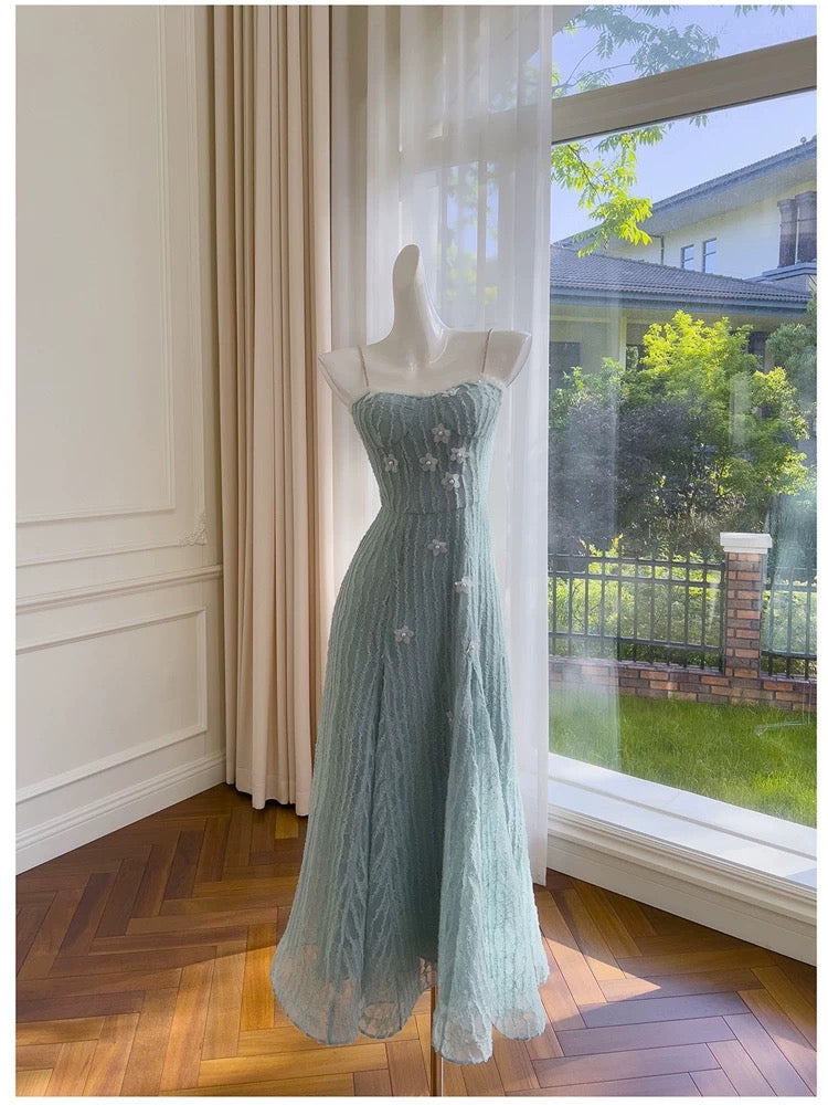 Modest A line Spaghetti Straps Light Sky Blue Lace Ankle Length Prom Dress Formal Dresses
