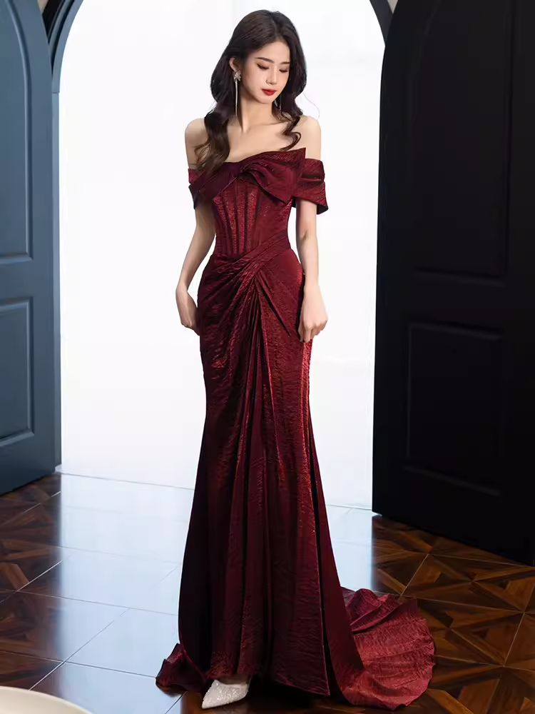 Modest Mermaid Off The Shoulder Shiny Satin Burgundy Long Prom Dresses