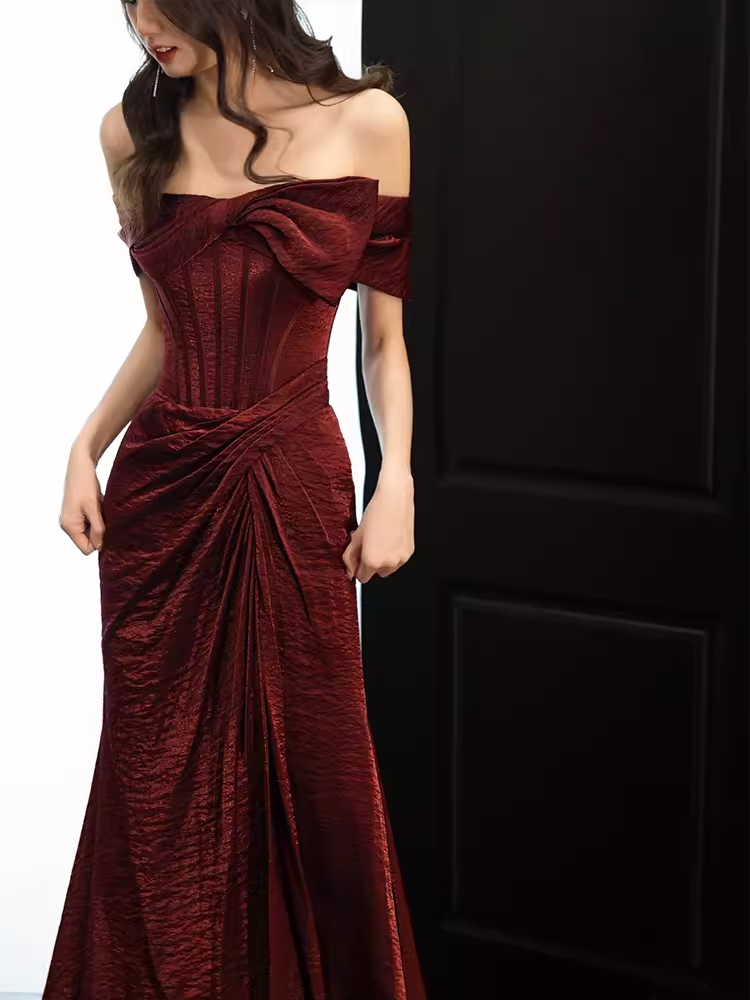 Modest Mermaid Off The Shoulder Shiny Satin Burgundy Long Prom Dresses