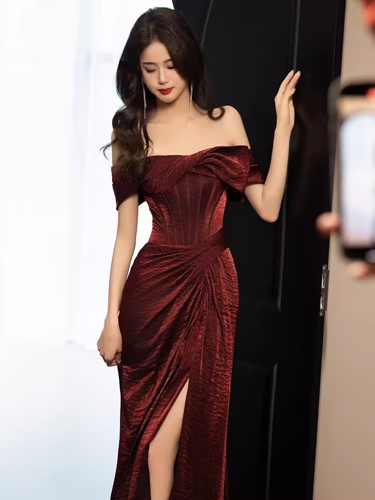 Modest Mermaid Off The Shoulder Shiny Satin Burgundy Long Prom Dresses