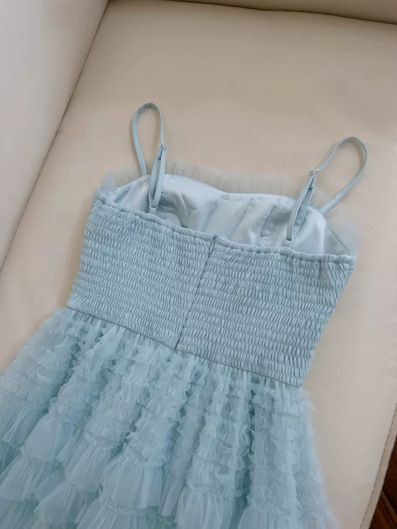Modest A line Spaghetti Straps Light Sky Blue Tulle Ankle Length Prom Dress Formal Dresses