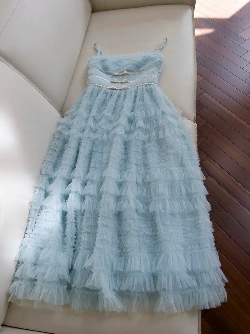Modest A line Spaghetti Straps Light Sky Blue Tulle Ankle Length Prom Dress Formal Dresses