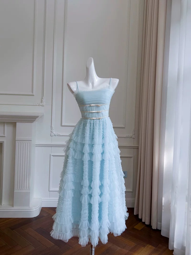 Modest A line Spaghetti Straps Light Sky Blue Tulle Ankle Length Prom Dress Formal Dresses