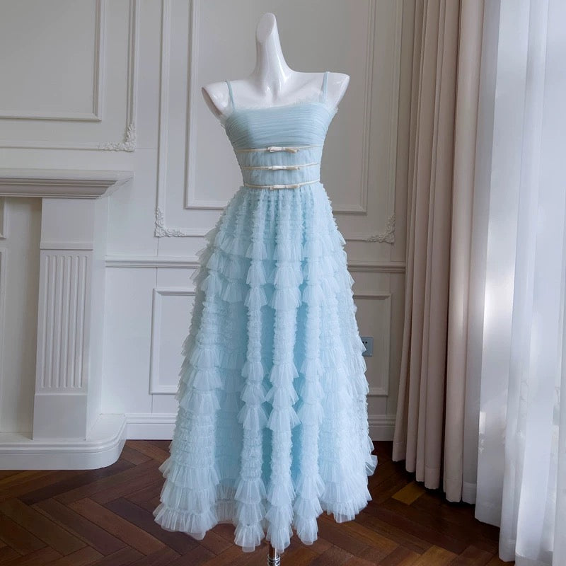 Modest A line Spaghetti Straps Light Sky Blue Tulle Ankle Length Prom Dress Formal Dresses