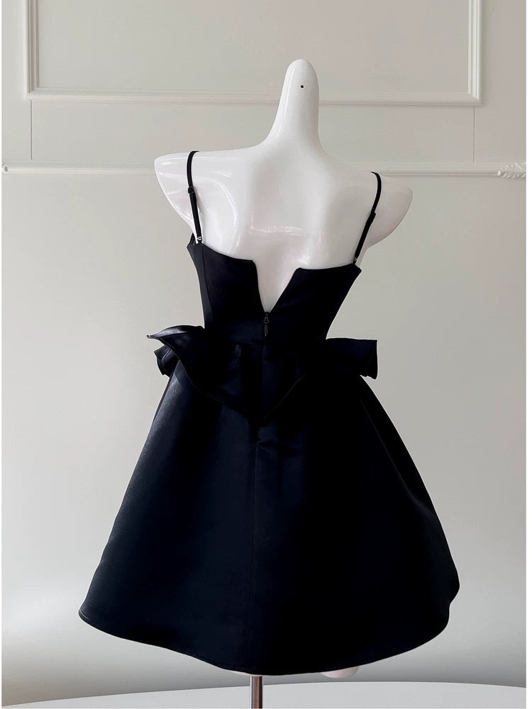 Cute A Line Spaghetti Straps Black Satin Homecoming Dresses Birthday Outfits With Beads